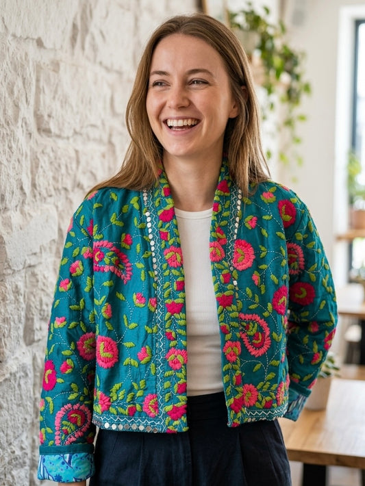 Teal Blue with Pink Flowers Crop Bohemian Embroidered Jacket