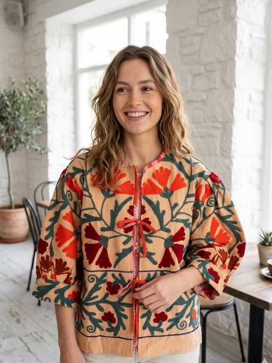 Peach with Orange and Red Balloon Sleeve Cotton Embroidered Jacket
