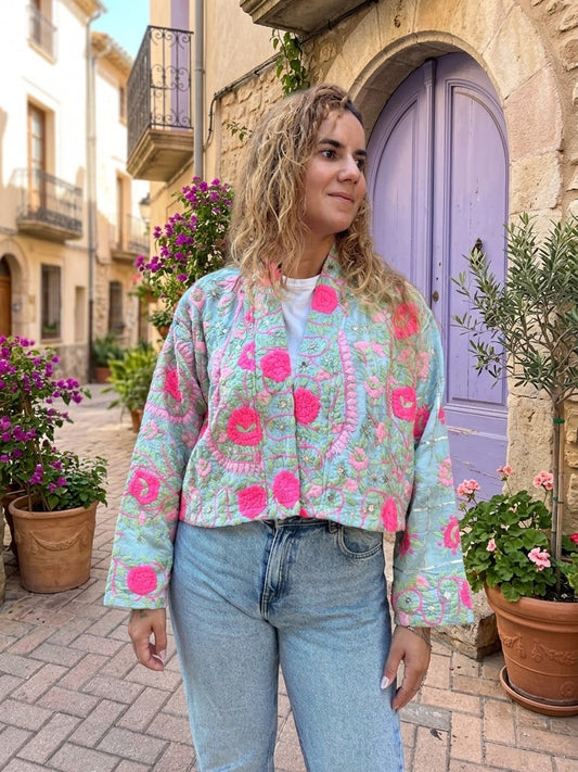 Ivory with Pink Crop Bohemian Embroidered Jacket