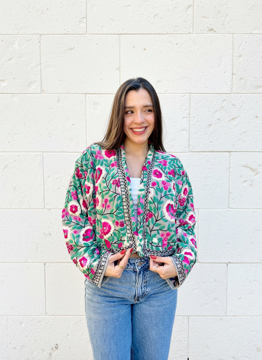 Green with Pink and White Flowers Crop Bohemian Embroidered Jacket