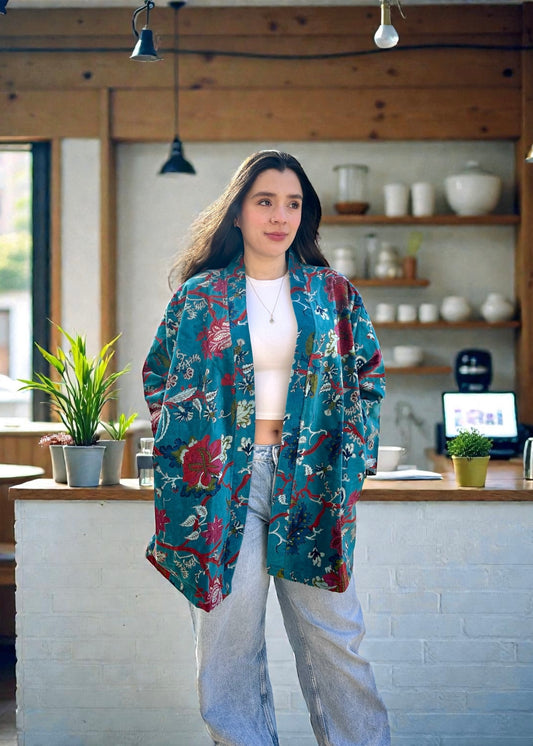 Sea Green Floral Short Velvet Printed Jacket