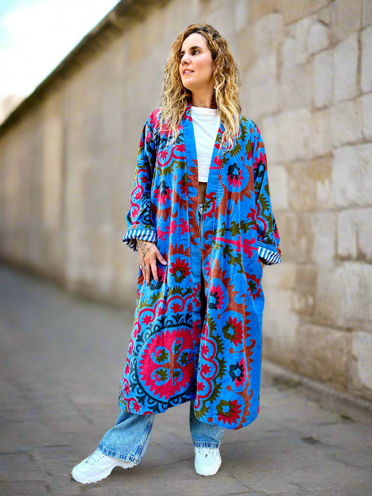 Blue Mandala Long Velvet Printed Jacket