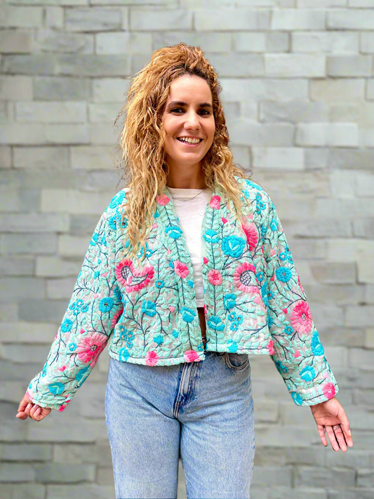 SeaGreen Blue and Pink Flowers Crop Bohemian Embroidered Jacket