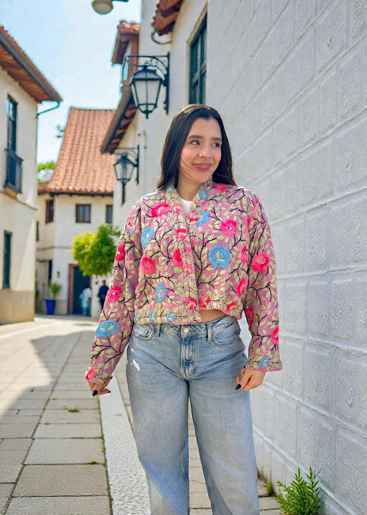 Rose Pink with Blue Flowers Crop Bohemian Embroidered Jacket