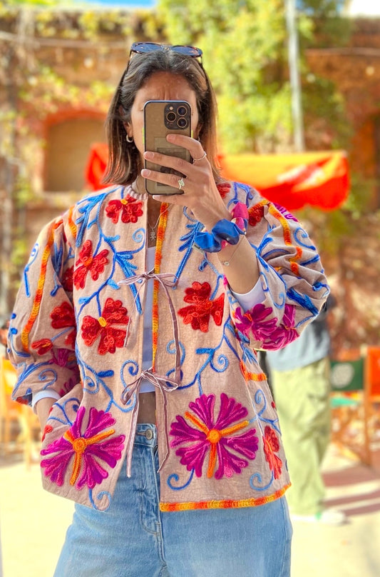 Orange and Pink Balloon Sleeve Cotton Embroidered Jacket