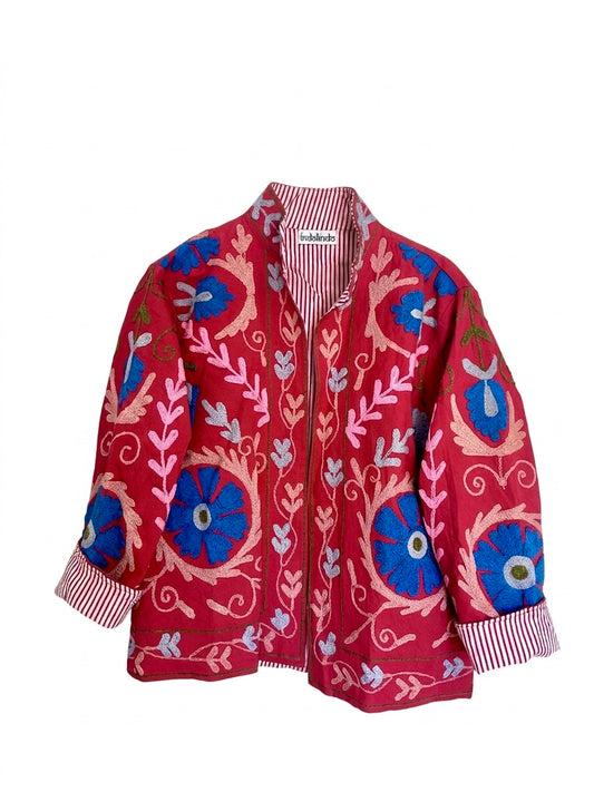 Red and Blue Boho Cotton Embroidered Jacket