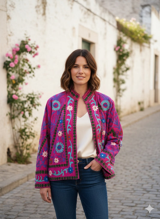 Pink with Colours Suzani Velvet Embroidered Jacket