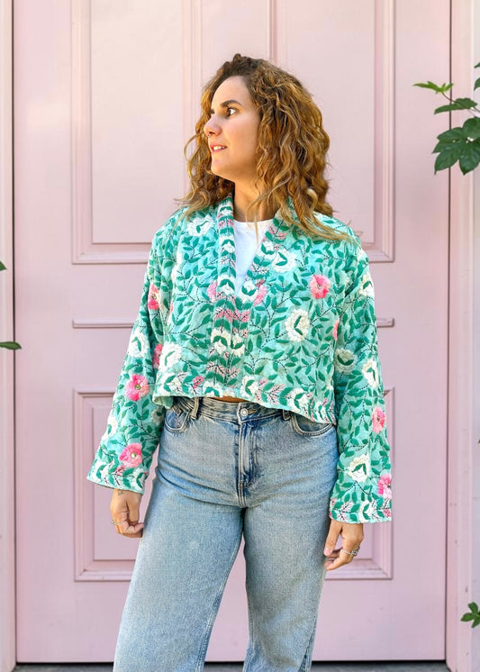 Sea Green with White Flowers Crop Bohemian Embroidered Jacket