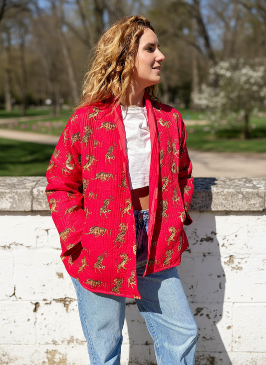 Red Tiger Printed Cotton Wrap Reversible Jacket
