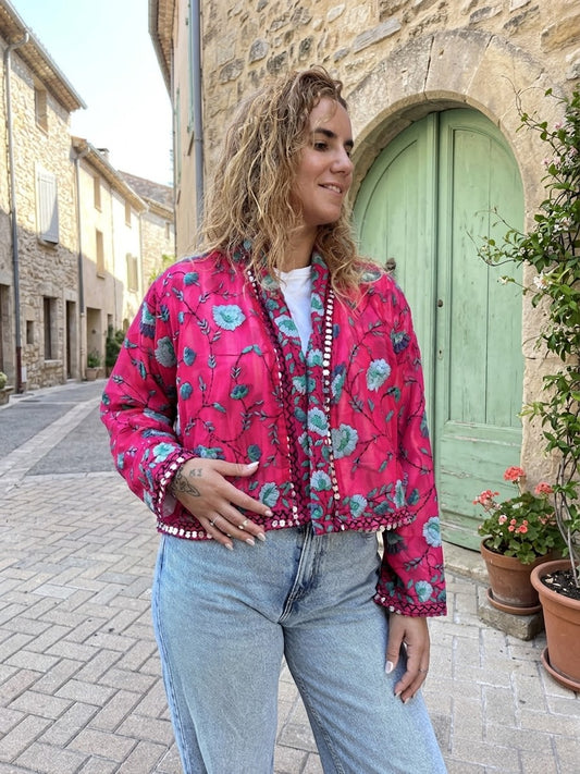 Magenta with Grey Flowers Crop Bohemian Embroidered Jacket