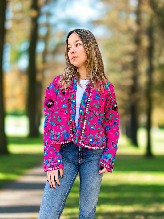 Magenta with Blue Flowers Crop Bohemian Embroidered Jacket