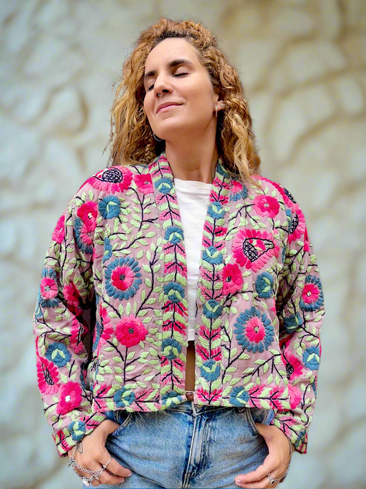 Pink and Grey Flowers Crop Bohemian Embroidered Jacket