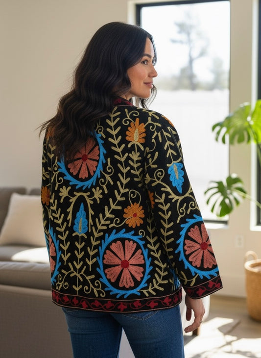Black with Peach and Blue Suzani Velvet Embroidered Jacket
