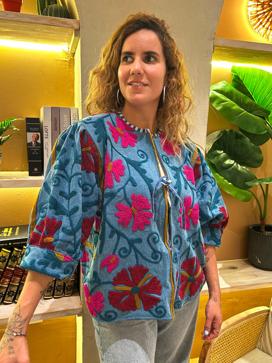 Blue with pink and Red Flowers Balloon Sleeve Cotton Embroidered Jacket