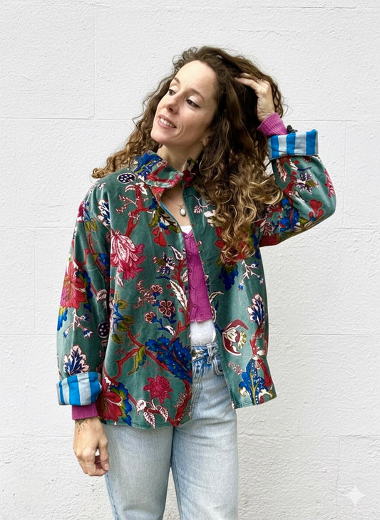 Green Floral Short Velvet Printed Jacket