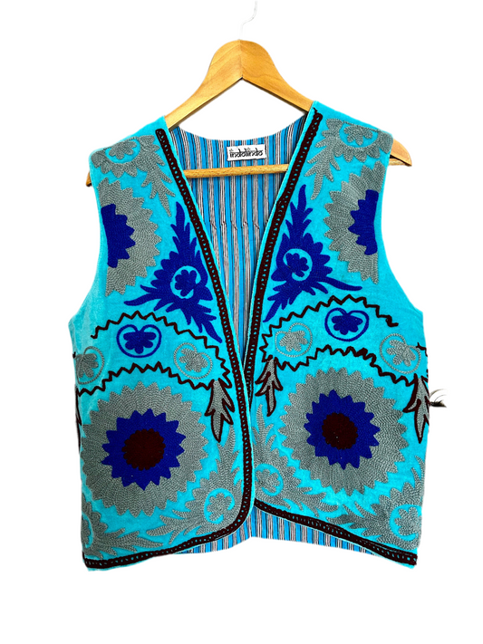 Cyan Blue and Grey Velvet Embroidered Vest