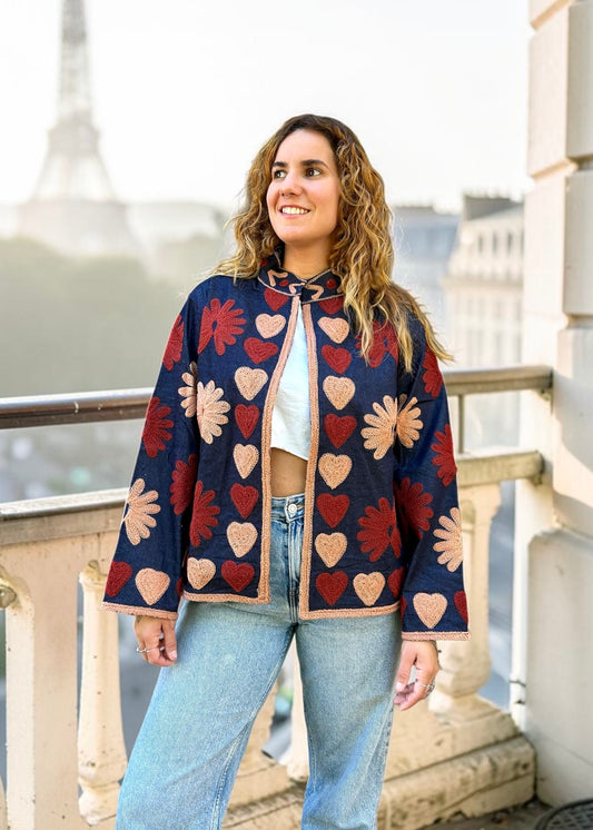 Peach & Maroon Hearts Suzani Denim Embroidered Jacket