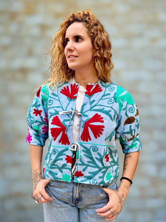 Blue Balloon Sleeve Cotton Embroidered Jacket