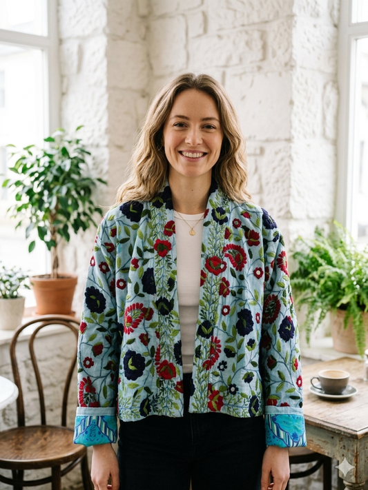 Powder Blue with Grey and Red Flowers Crop Bohemian Embroidered Jacket