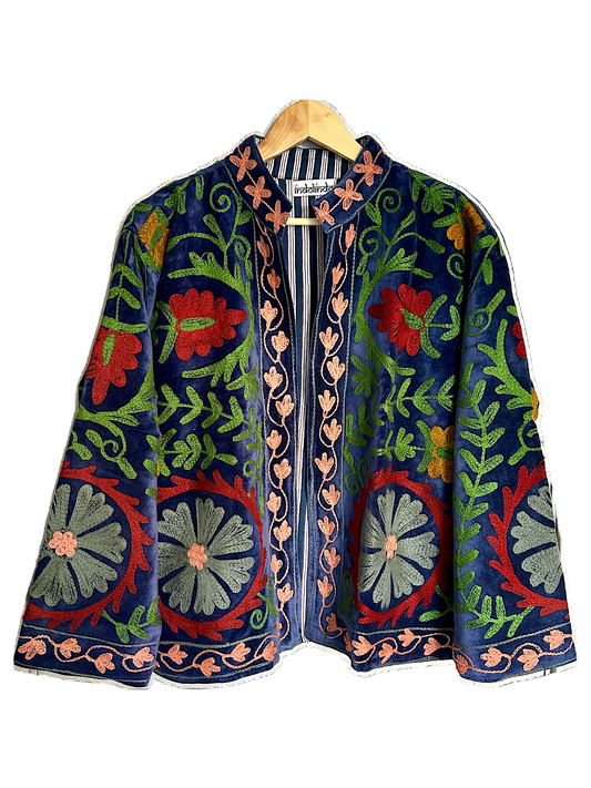 Navy Blue with Colourful Suzani Velvet Embroidered Jacket