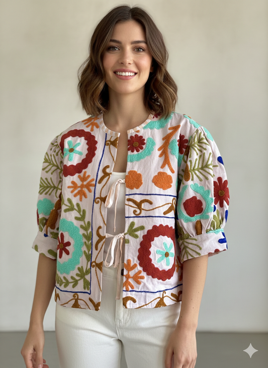 Off White Balloon Sleeve Cotton Embroidered Jacket