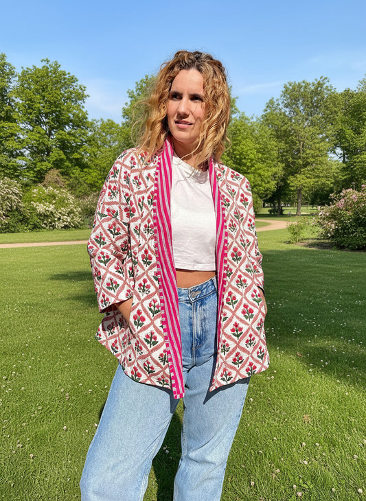 Peach Block Printed Cotton Wrap Reversible Jacket