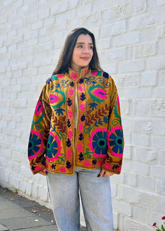 Mustard with Colours Suzani Velvet Embroidered Jacket