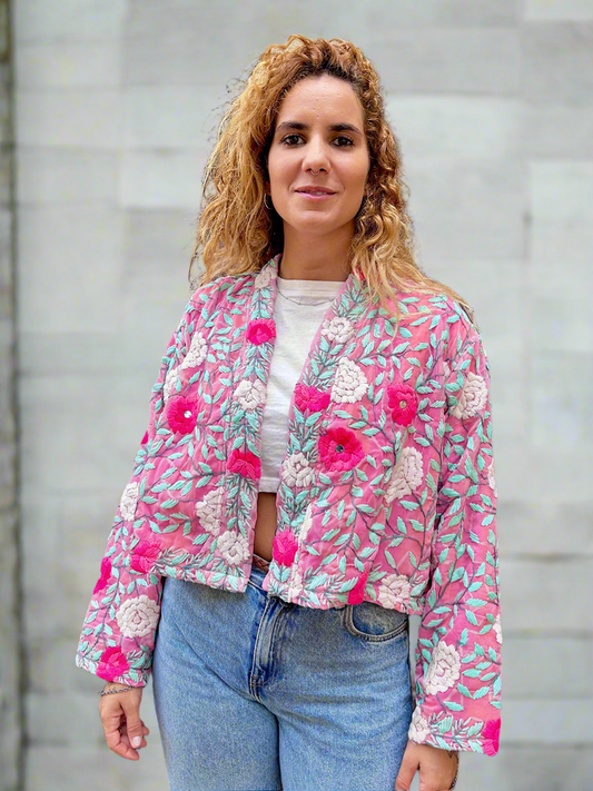 Pink and White Flowers Crop Bohemian Embroidered Jacket