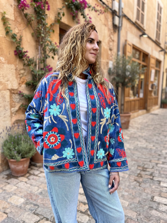 Grey Bohemian Motifs Suzani Velvet Embroidered Jacket