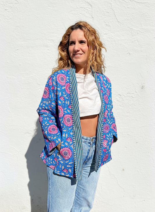Blue and Pink Floral Printed Cotton Wrap Reversible Jacket
