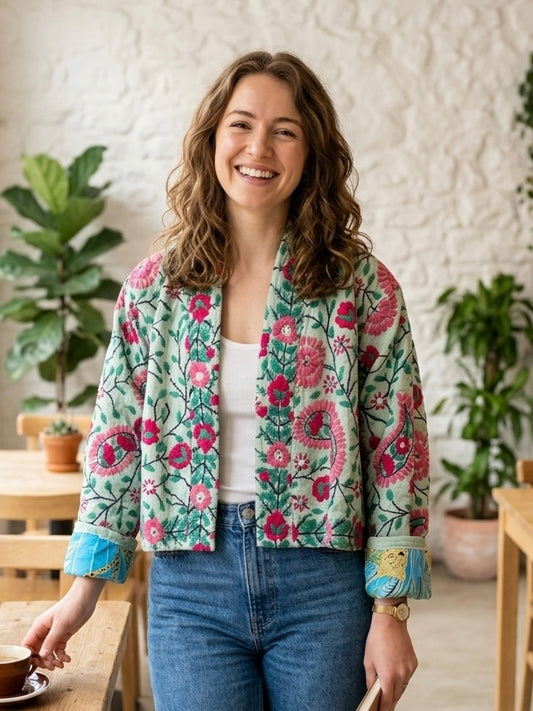 Sky Blue with Pink Flowers Crop Bohemian Embroidered Jacket