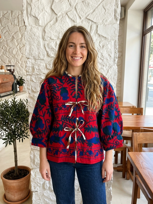 Bright Red with Blue Balloon Sleeve Cotton Embroidered Jacket