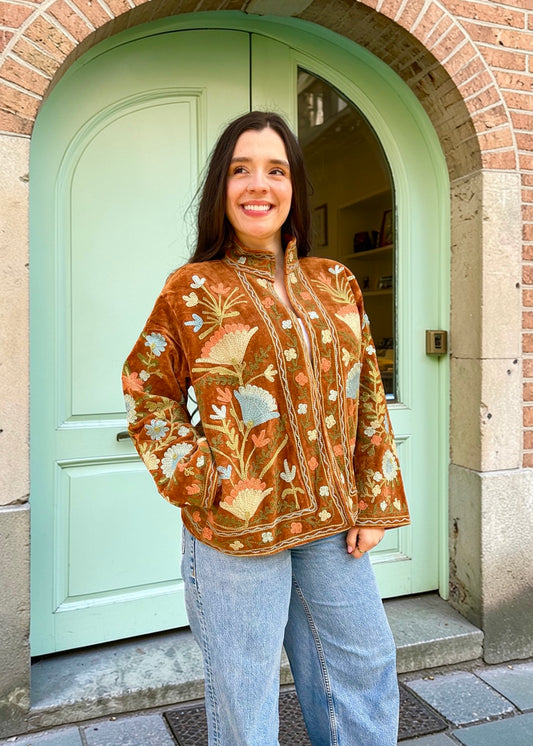 Camel Brown Suzani Velvet Embroidered Jacket