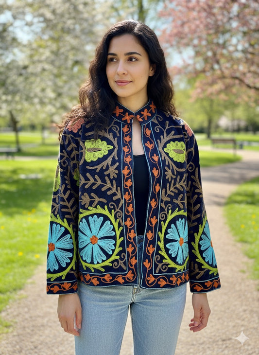 Dark Blue with Blue and Green Suzani Velvet Embroidered Jacket