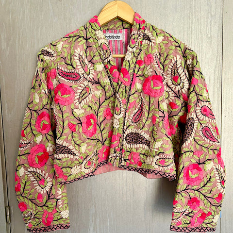 Pink with White Paisley Design Crop Bohemian Jacket