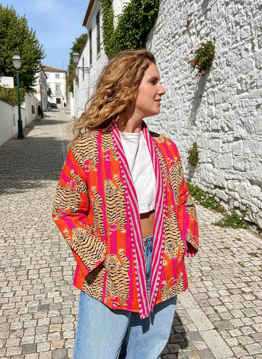 Orange and Pink Tiger Printed Cotton Wrap Reversible Jacket