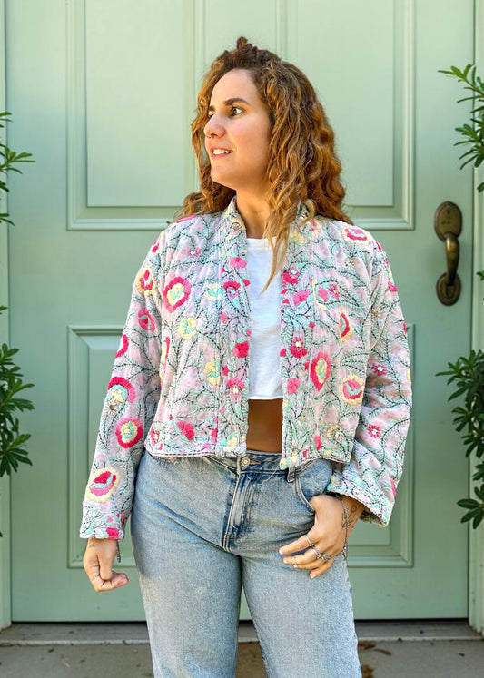 Off White with Pink Flowers Crop Bohemian Embroidered Jacket