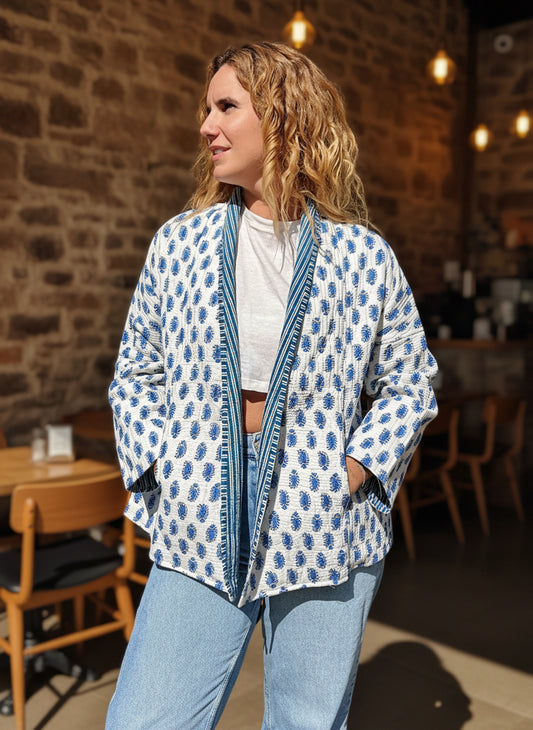 Blue and White Block Printed Cotton Wrap Reversible Jacket