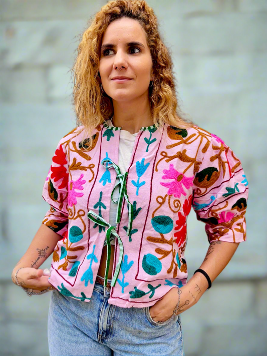 Baby Pink Balloon Sleeve Cotton Embroidered Jacket