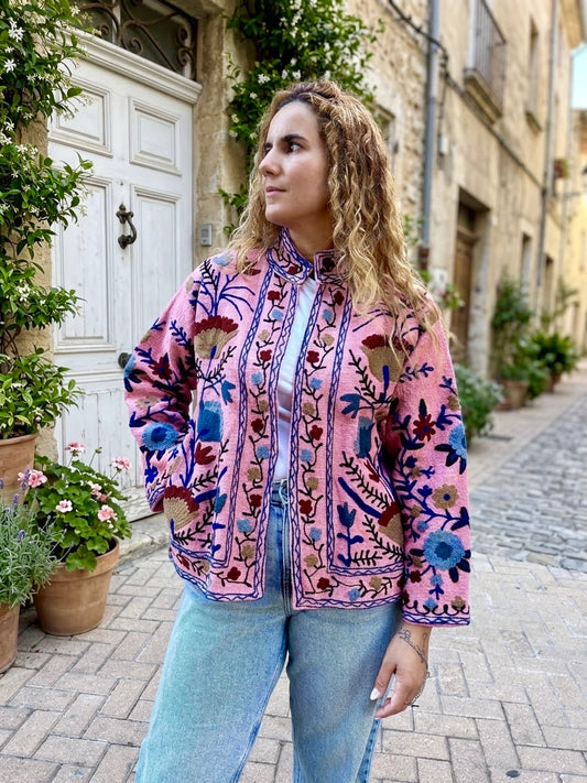 Rose Pink with Floral Suzani Cotton Embroidered Jacket
