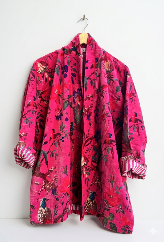 Fuchsia Pink Floral Short Velvet Printed Jacket