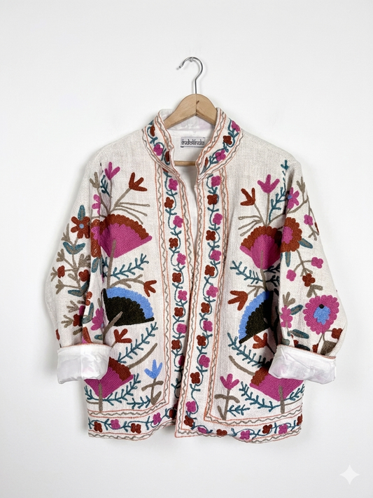Off White with Pink and Blue Suzani Cotton Embroidered Jacket