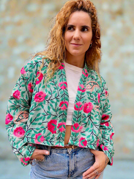 Green with Pink Flowers Crop Bohemian Embroidered Jacket