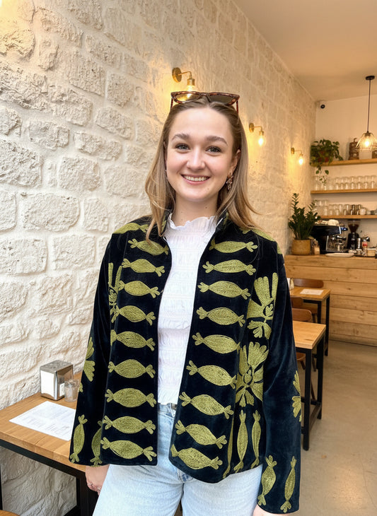 Black with Olive Green Suzani Velvet Embroidered Jacket