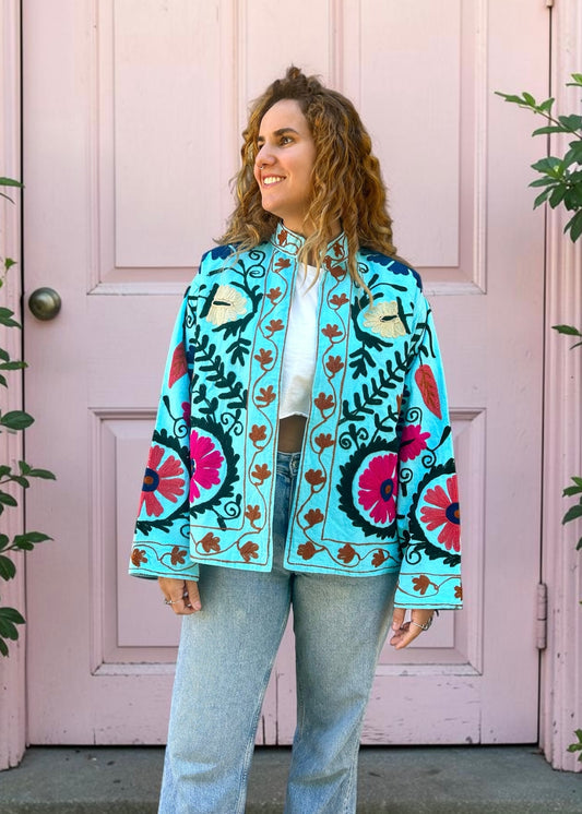 Sky Blue Boho Cotton Embroidered Jacket