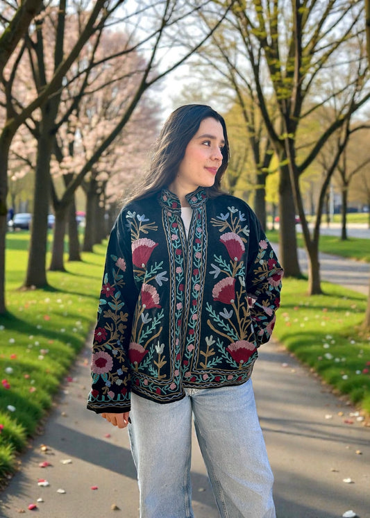 Black with Colourful Flowers Suzani Velvet Embroidered Jacket