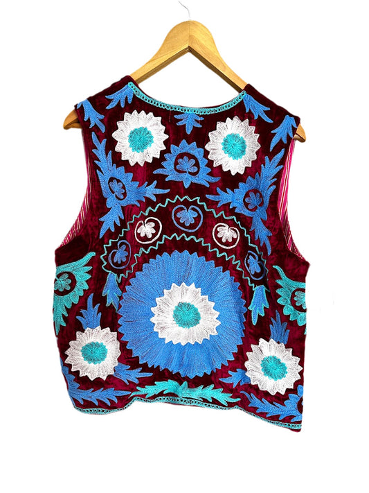 Maroon with Blue Silk Velvet Embroidered Vest