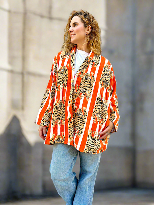 Orange and White Tiger Short Velvet Printed Jacket