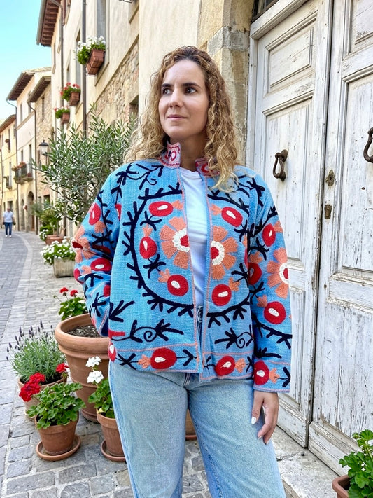 Teal Blue with Pomegranates Suzani Cotton Embroidered Jacket