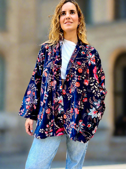 Navy Blue Floral Short Velvet Printed Jacket